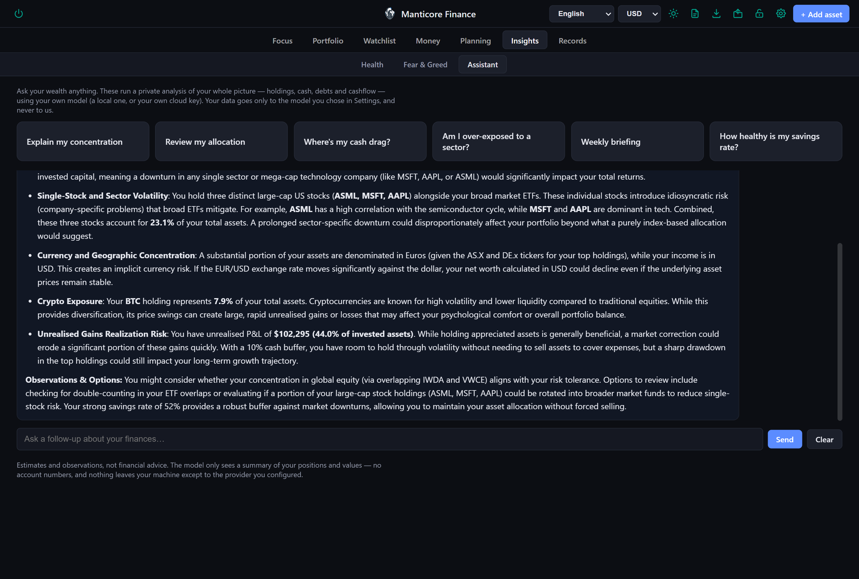 Manticore Finance Assistant tab